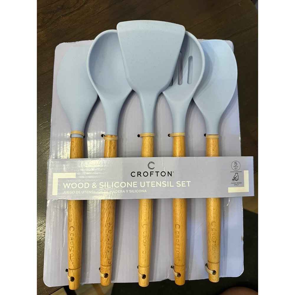 Crofton Wood & Silicone Utensil Set 5-Piece Spoon, Turner, Spatula